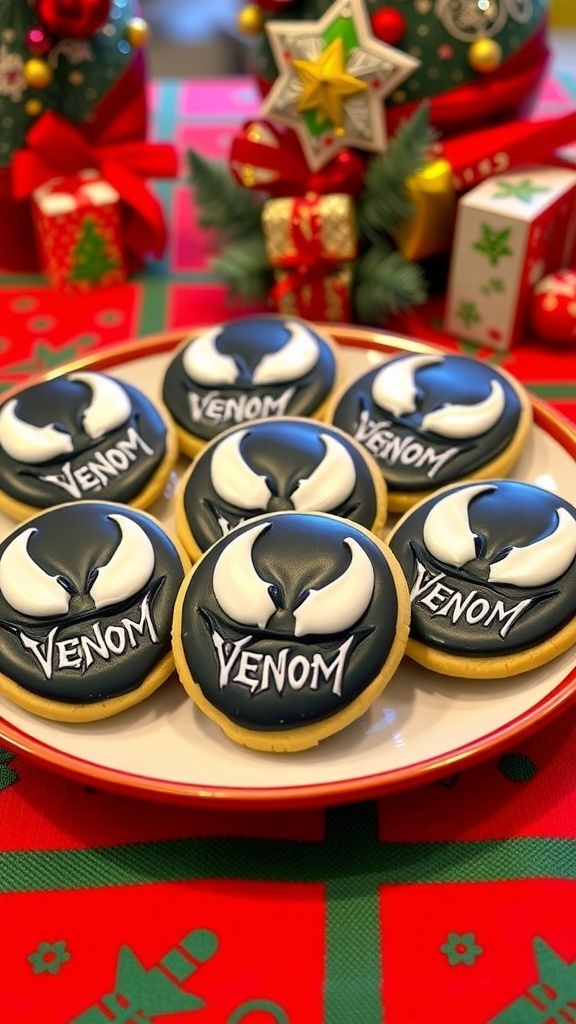 Venom-themed Christmas cookies decorated with black and white icing on a festive table.